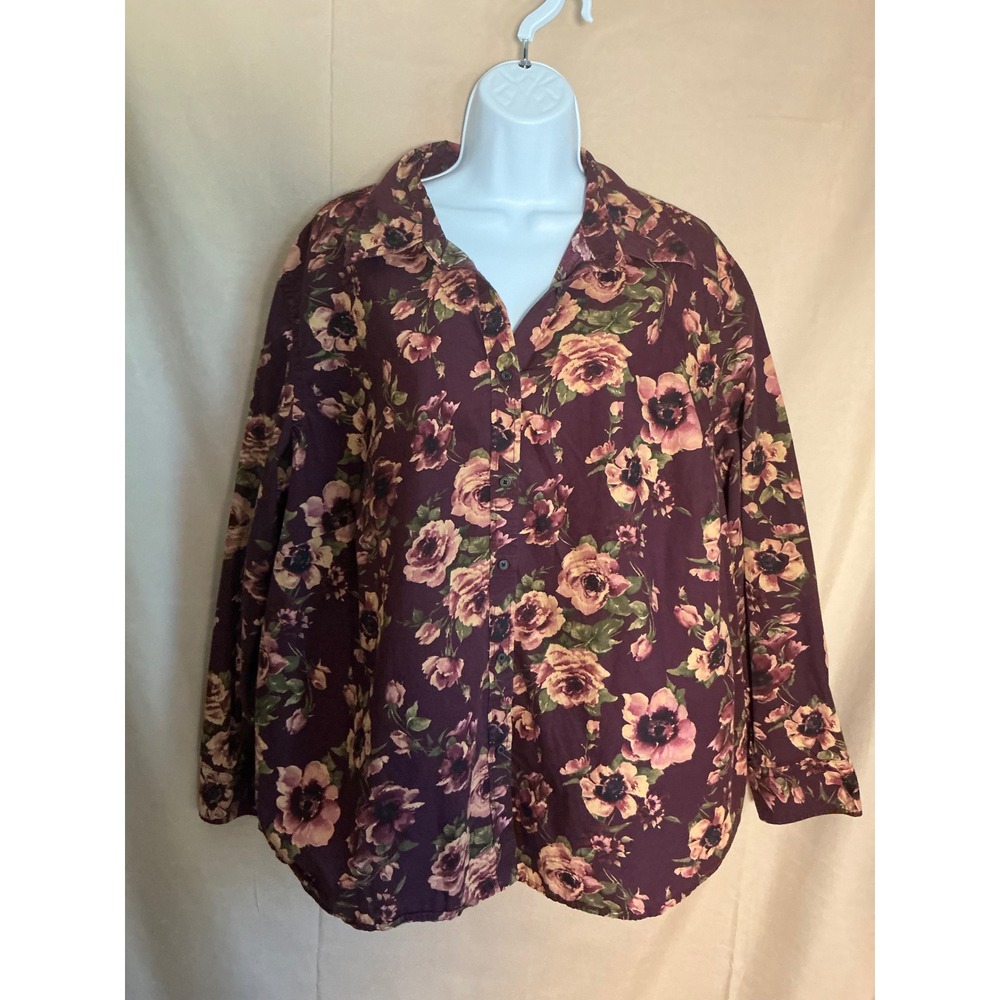 Chaps Button Down Shirt Womens 3X Burgundy Floral Cotton Excellent Long Sleeve